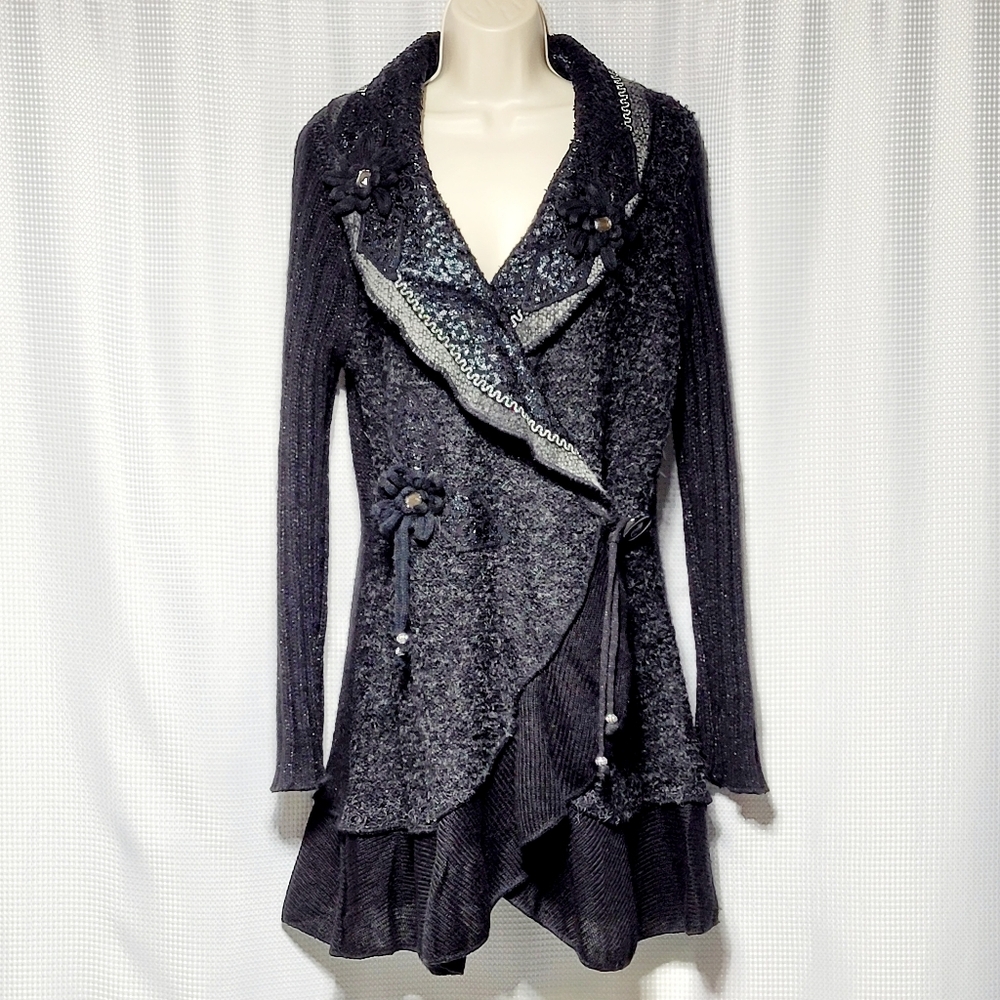 Sioni Women's Cardigan Vintage Inspired Artsy Black Wool & Mohair Blend (L)